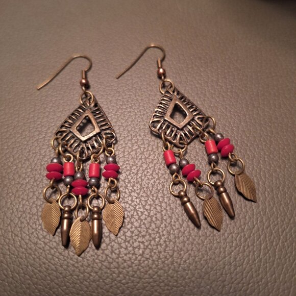 Bohemian Style Dangle Earrings Red Beads Bronze Leaf Charms Tribal - Picture 6 of 6